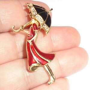 Vintage Brooch - Pendant Girl with Umbrella Enamel Pin Classic Feminine Elegance